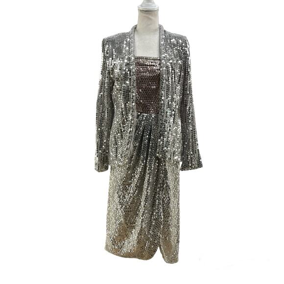 Vintage 80/90s Miss Bergdorf Sequins Mini Dress Set Silver - Picture 1 of 10